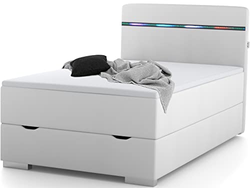 Wonello Boxspringbett 120x200 mit Bettkasten  LED Beleuchtung und 2X USB Anschluss - gemütliches Bett mit einzigartiger Optik - Stauraumbett 120 x 200 cm beleuchtet weiß mit Matratze und Topper