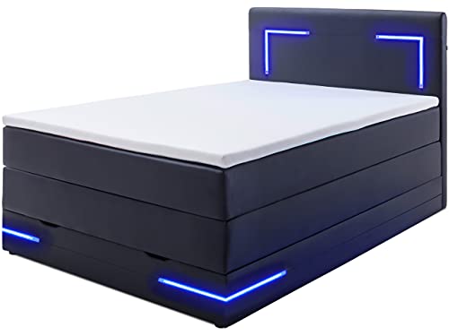 Wonello Boxspringbett 120x200 mit Bettkasten und LED Beleuchtung - gemütliches Bett mit led Beleuchtung - Stauraumbett 120 x 200 cm schwarz mit Matratze und Topper