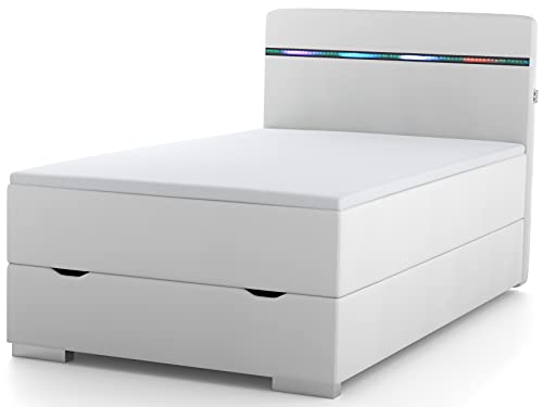 Wonello Boxspringbett 120x200 mit Bettkasten, LED Beleuchtung und 2X USB Anschluss - gemütliches Bett mit einzigartiger Optik - Stauraumbett 120 x 200 cm beleuchtet weiß mit Matratze und Topper