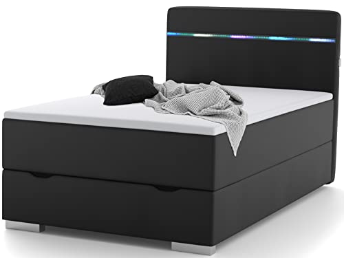 Wonello Boxspringbett 140x200 mit Bettkasten, LED Beleuchtung und 2X USB Anschluss - gemütliches Bett mit einzigartiger Optik - Stauraumbett 140 x 200 cm beleuchtet schwarz mit Matratze und Topper