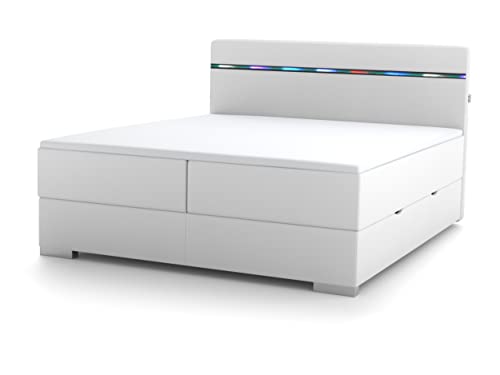 Wonello Boxspringbett 160x200 mit Bettkasten, LED Beleuchtung und USB Anschluss - gemütliches Bett mit einzigartiger Optik – Stauraumbett 160 x 200 cm beleuchtet weiß mit Matratze und Topper